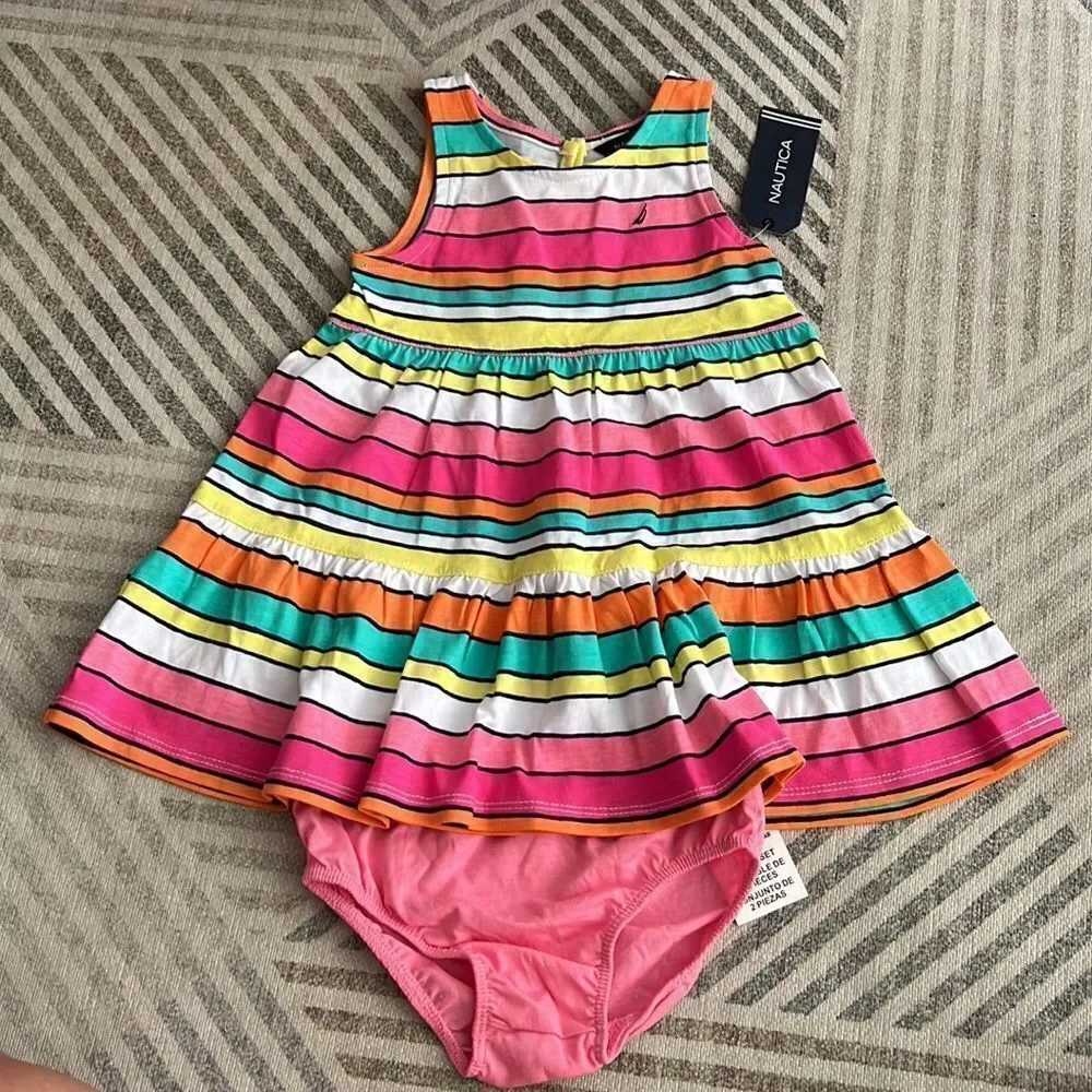 NAUTICA Kids Pink Patterned Sleeveless Dress with Bloomers NWT Size 12M